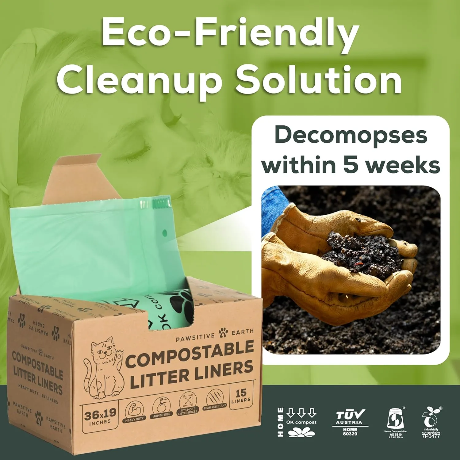 Cat Litter Box Liners 100% Compostable - Drawstring Close - 15 Count - Jumbo Size 36" x 19" - Tear & Leak Resistant - OK Compost Home Certified