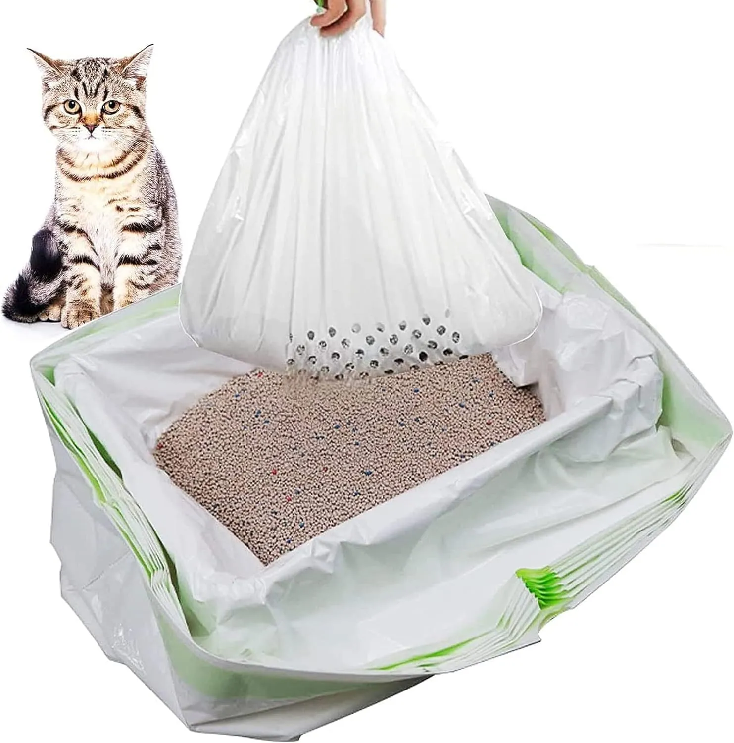 Cat Litter Box Liners, 56 Count Cat Litter Bags Sifting Litter Liners Cleaning Supplies with Durable Drawstring Contains 48 Screening Bags with Holes   8 Non-porous Screening Bag 37" x 18"