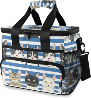Cats Blue White Striped Cooler Bag Insulated Cooler Soft Sided Cooler 24 Can Portable Picnic Bag Large Leakproof Lunch Bag Box for Beach Grocery Camping Travel Car Men Women