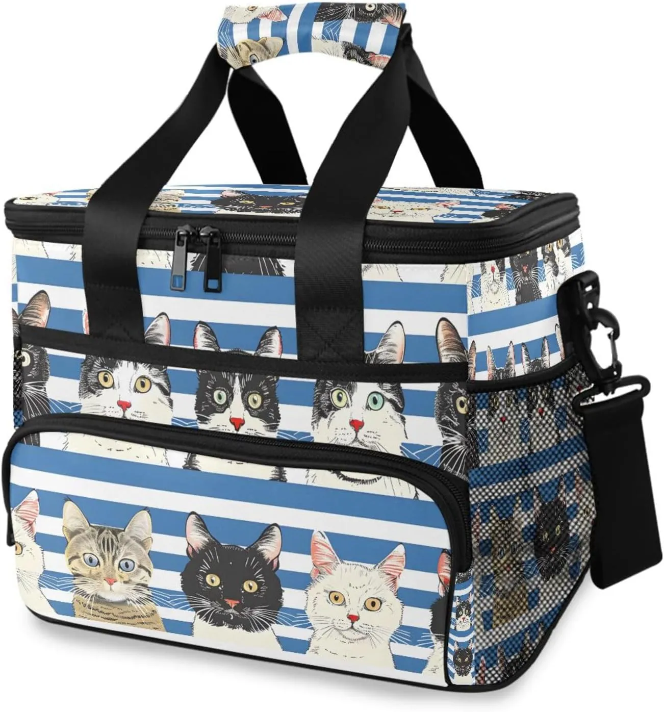 Cats Blue White Striped Cooler Bag Insulated Cooler Soft Sided Cooler 24 Can Portable Picnic Bag Large Leakproof Lunch Bag Box for Beach Grocery Camping Travel Car Men Women