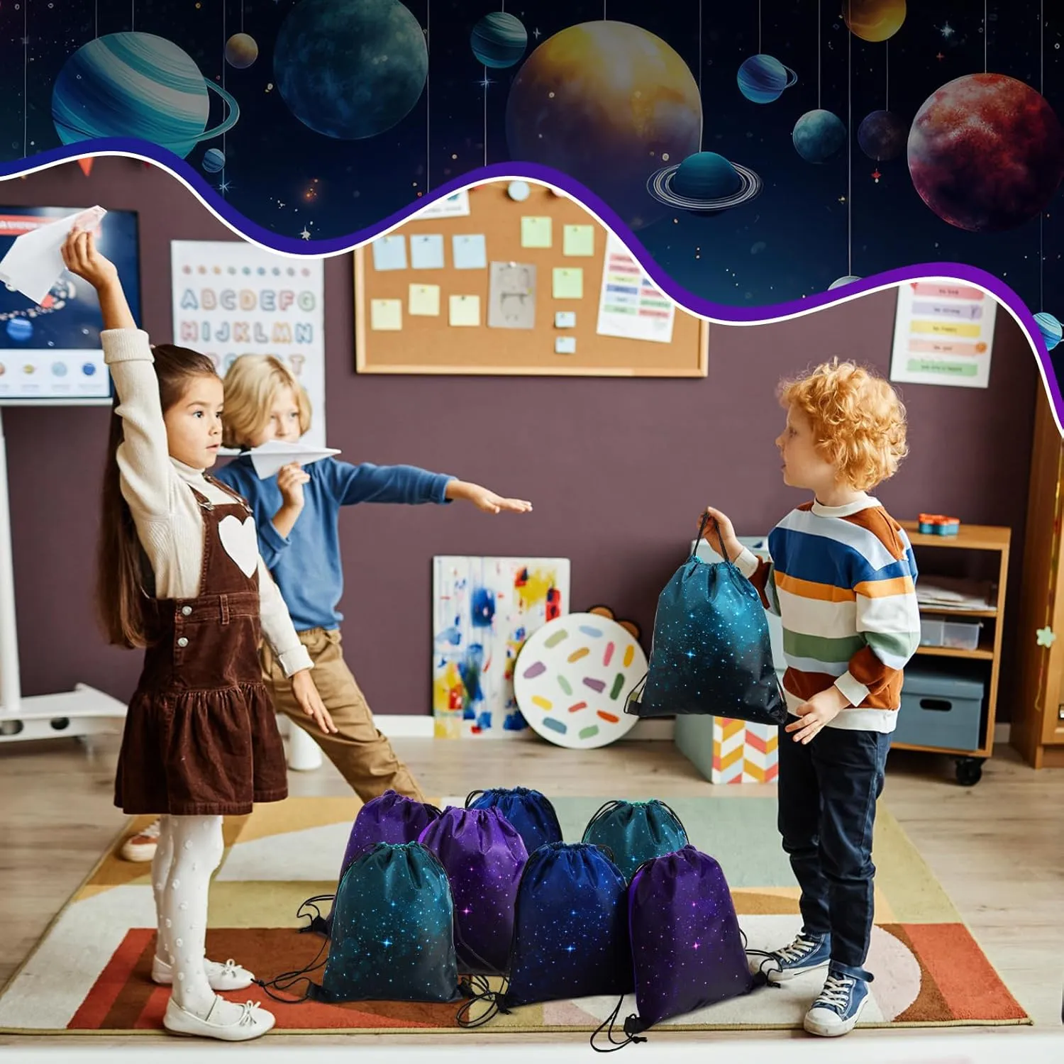 Censen 24 Pcs Starry Sky Drawstring Bags Set Bulk 12 x 10 Inch Waterproof Beach Bags for Girls Boys Kids Starry Galaxy Theme Party Birthday Party Favor Bags Supplies