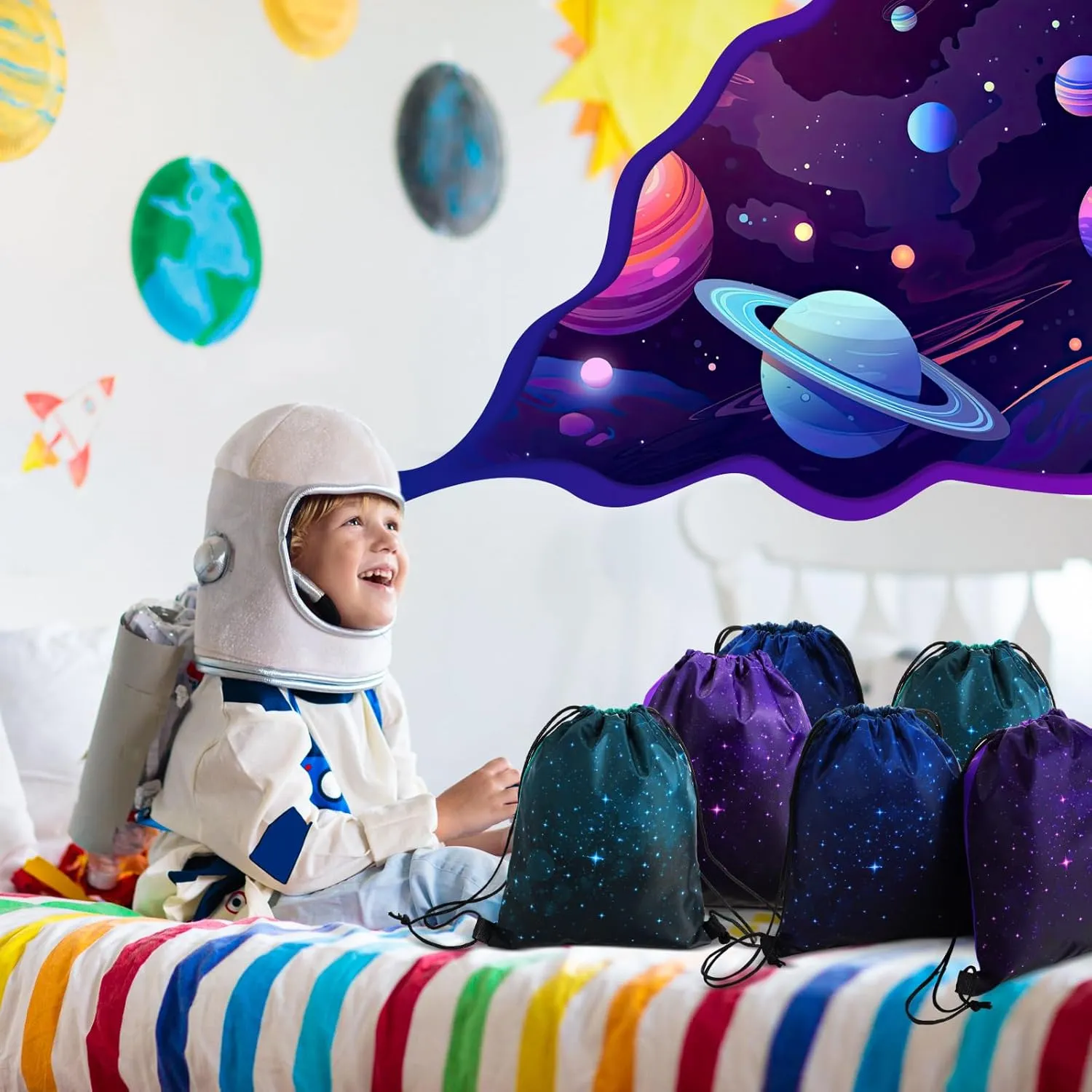 Censen 24 Pcs Starry Sky Drawstring Bags Set Bulk 12 x 10 Inch Waterproof Beach Bags for Girls Boys Kids Starry Galaxy Theme Party Birthday Party Favor Bags Supplies
