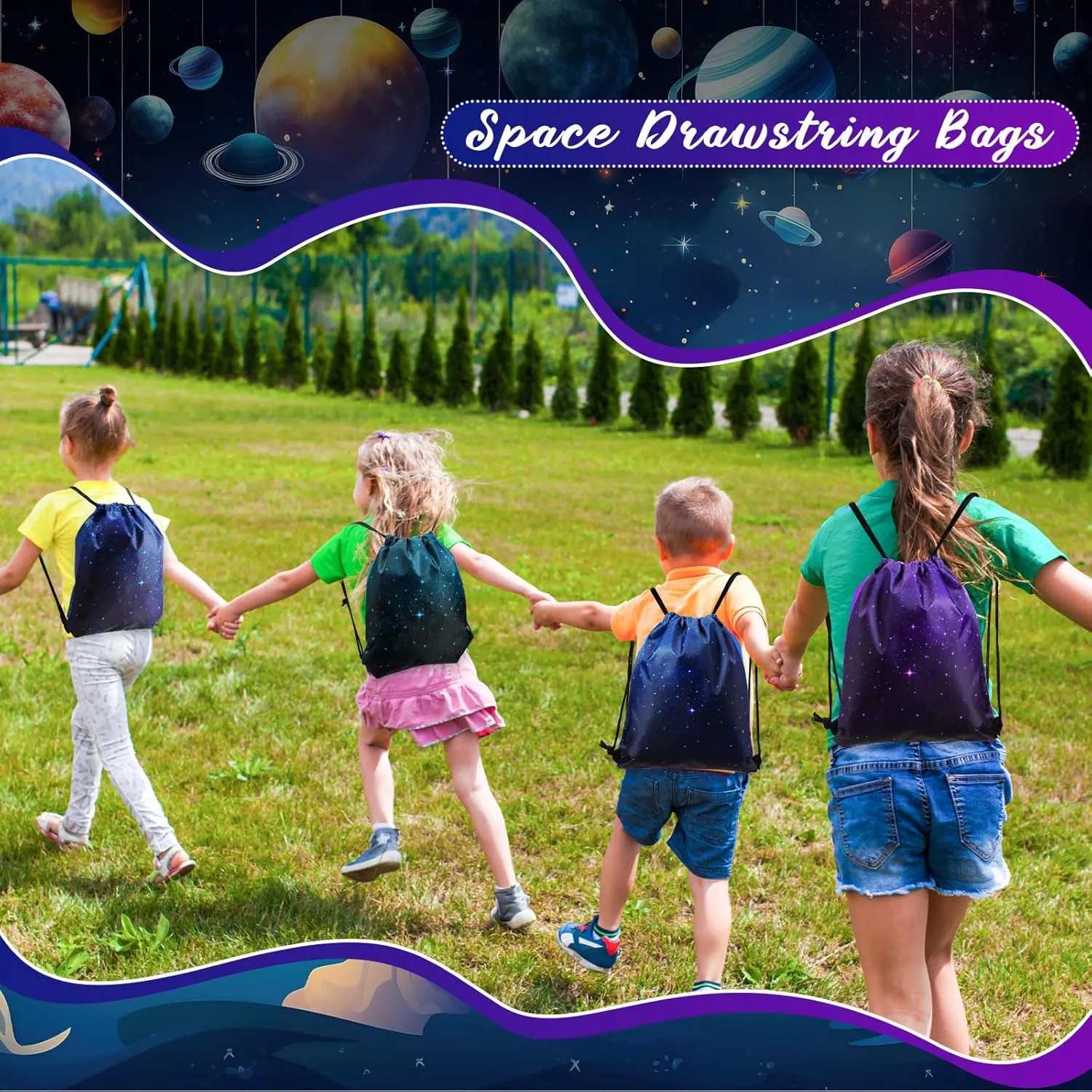Censen 24 Pcs Starry Sky Drawstring Bags Set Bulk 12 x 10 Inch Waterproof Beach Bags for Girls Boys Kids Starry Galaxy Theme Party Birthday Party Favor Bags Supplies