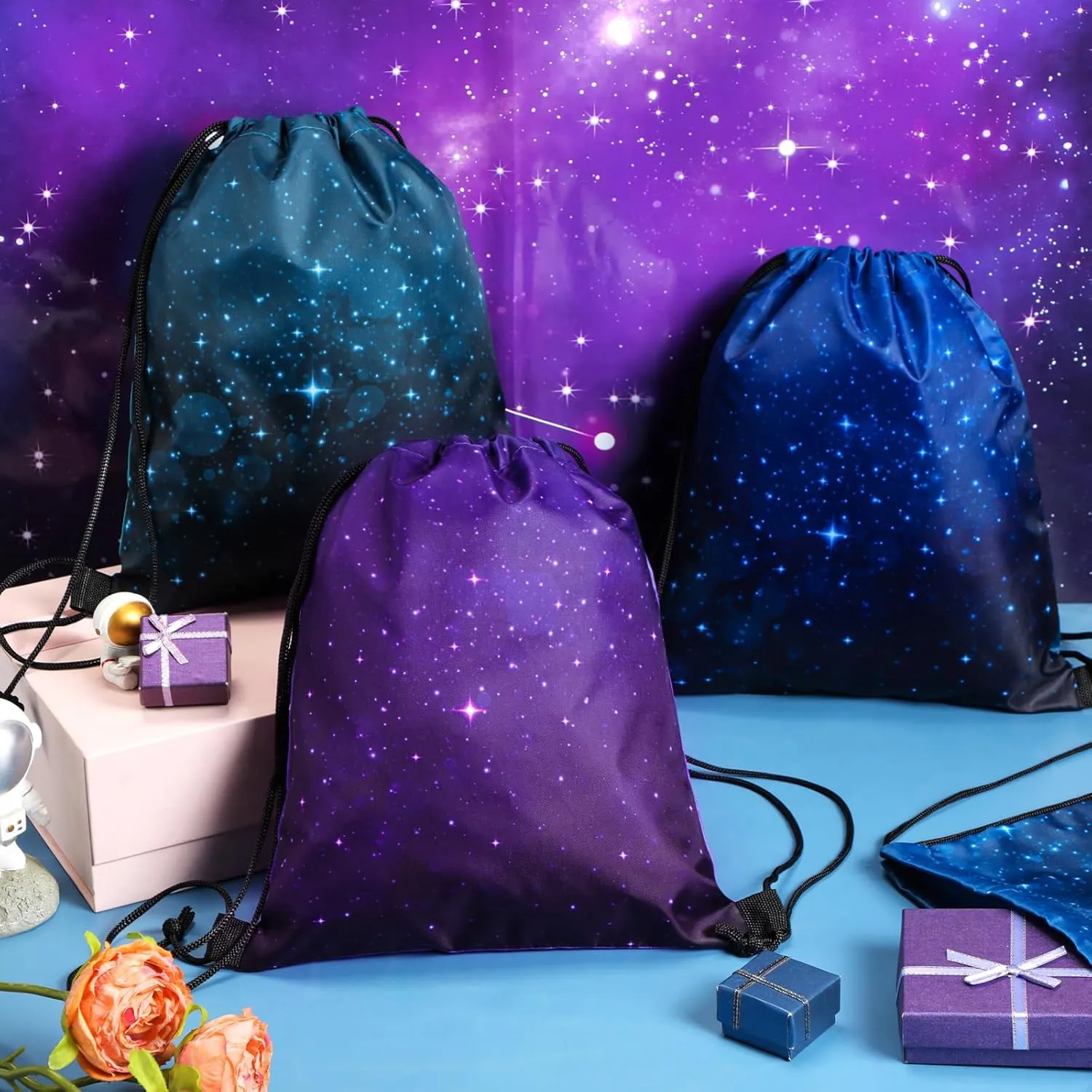 Censen 24 Pcs Starry Sky Drawstring Bags Set Bulk 12 x 10 Inch Waterproof Beach Bags for Girls Boys Kids Starry Galaxy Theme Party Birthday Party Favor Bags Supplies