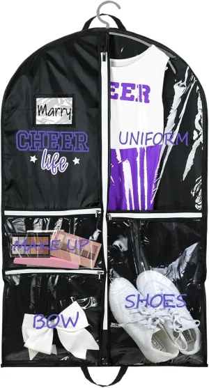 Cheer Garment Bags for Cheerleading Uniform Waterproof Hanging Garment Bags for Dance Costumes 40 Inch Clothes Bag with 5 Pockets and Side Zip Travel Storage Cheer Uniform (Black,Purple)