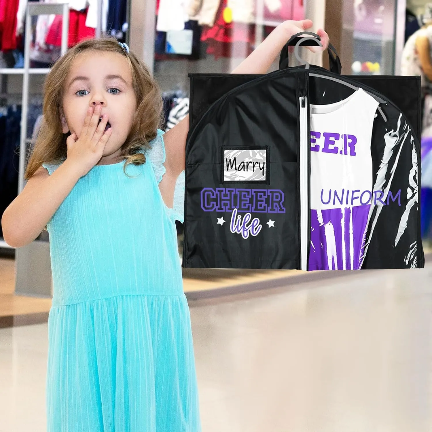 Cheer Garment Bags for Cheerleading Uniform Waterproof Hanging Garment Bags for Dance Costumes 40 Inch Clothes Bag with 5 Pockets and Side Zip Travel Storage Cheer Uniform (Black,Purple)