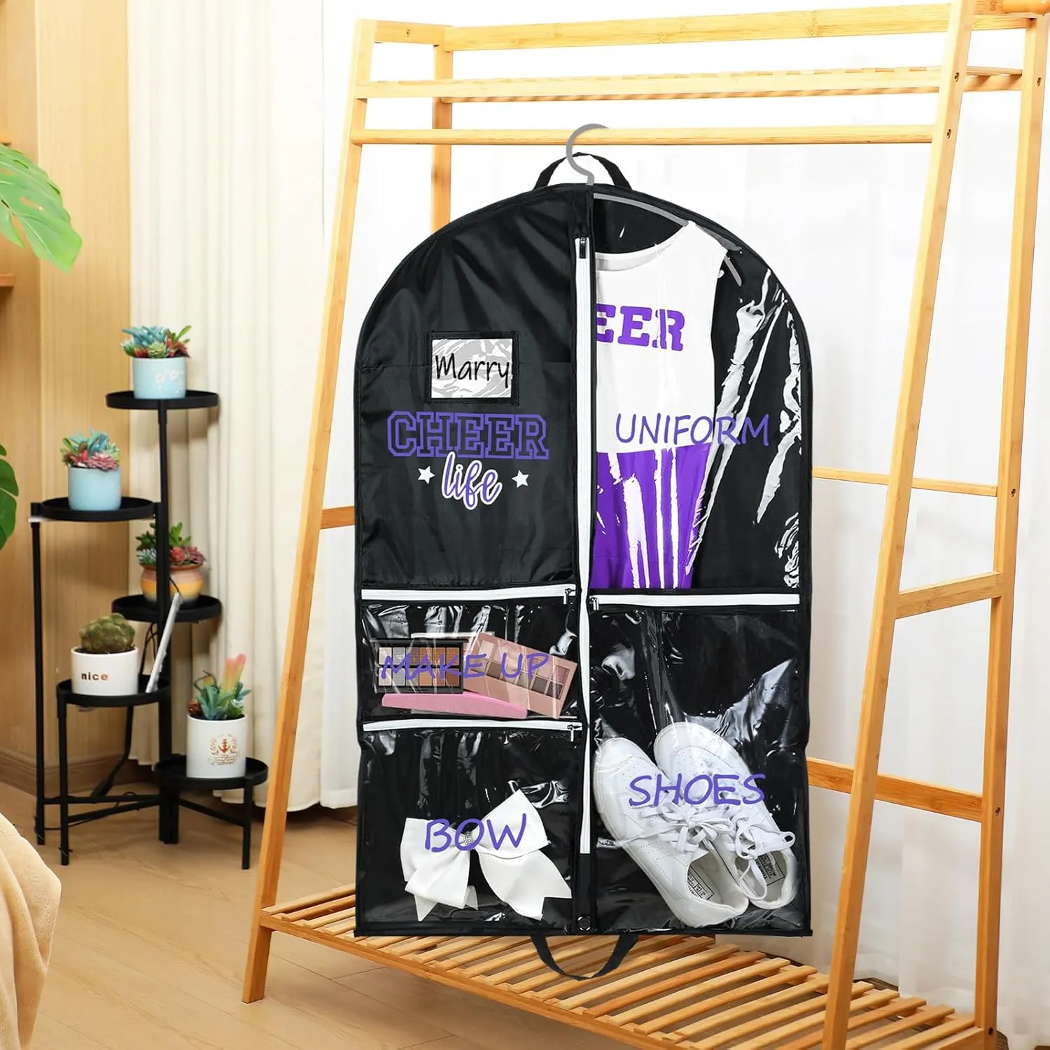 Cheer Garment Bags for Cheerleading Uniform Waterproof Hanging Garment Bags for Dance Costumes 40 Inch Clothes Bag with 5 Pockets and Side Zip Travel Storage Cheer Uniform (Black,Purple)