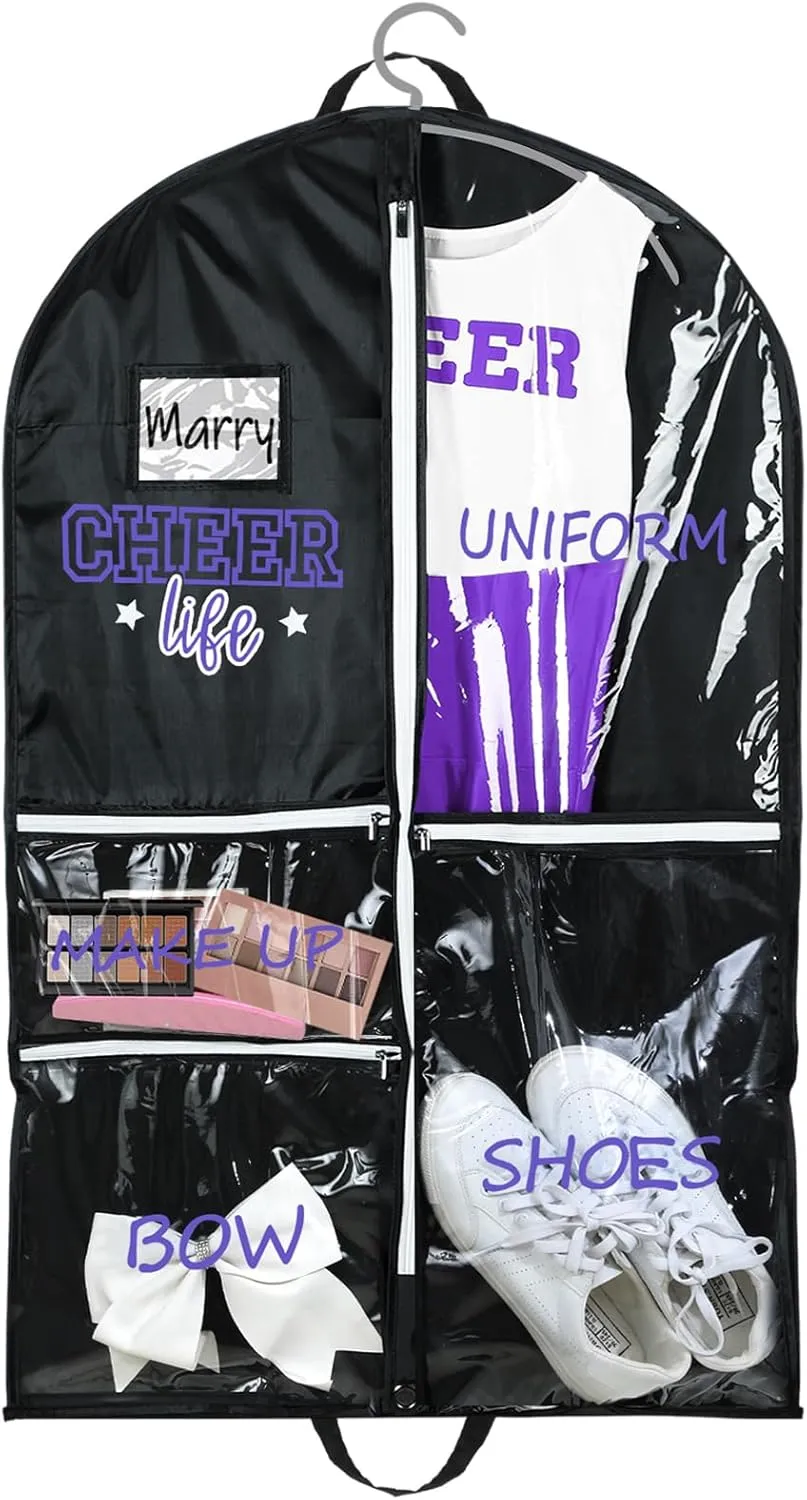 Cheer Garment Bags for Cheerleading Uniform Waterproof Hanging Garment Bags for Dance Costumes 40 Inch Clothes Bag with 5 Pockets and Side Zip Travel Storage Cheer Uniform (Black,Purple)