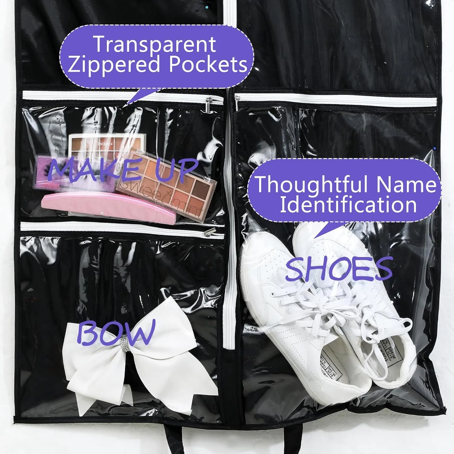 Cheer Garment Bags for Cheerleading Uniform Waterproof Hanging Garment Bags for Dance Costumes 40 Inch Clothes Bag with 5 Pockets and Side Zip Travel Storage Cheer Uniform (Black,Purple)