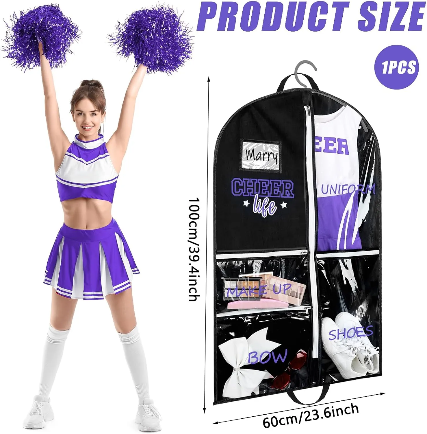 Cheer Garment Bags for Cheerleading Uniform Waterproof Hanging Garment Bags for Dance Costumes 40 Inch Clothes Bag with 5 Pockets and Side Zip Travel Storage Cheer Uniform (Black,Purple)
