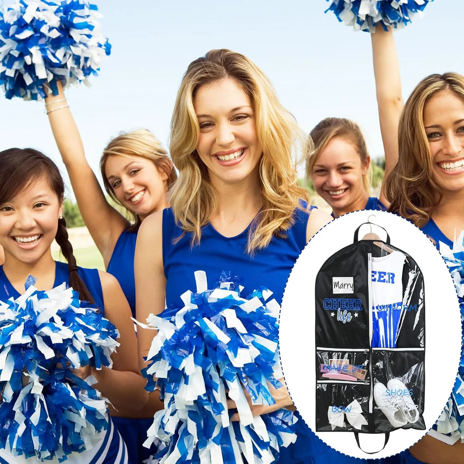 Cheer Garment Bags for Cheerleading Uniform Waterproof Hanging Garment Bags for Dance Costumes 40 Inch Clothes Bag with 5 Pockets and Side Zip Travel Storage Cheer Uniform(Black,Blue)