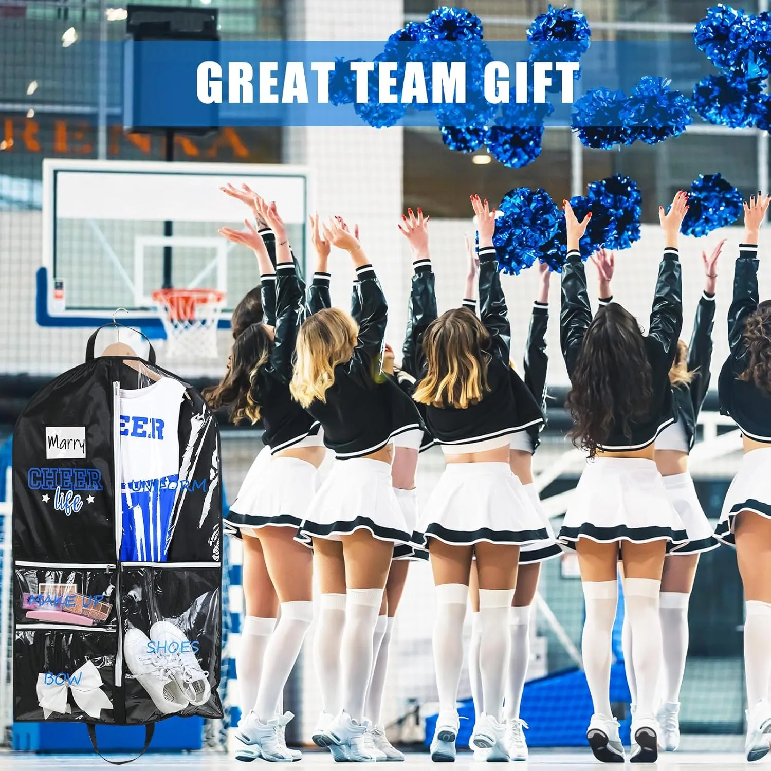 Cheer Garment Bags for Cheerleading Uniform Waterproof Hanging Garment Bags for Dance Costumes 40 Inch Clothes Bag with 5 Pockets and Side Zip Travel Storage Cheer Uniform(Black,Blue)