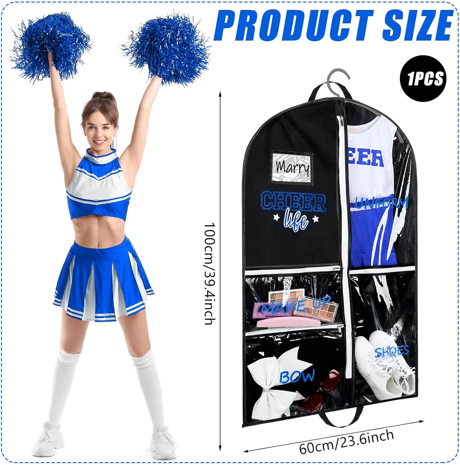 Cheer Garment Bags for Cheerleading Uniform Waterproof Hanging Garment Bags for Dance Costumes 40 Inch Clothes Bag with 5 Pockets and Side Zip Travel Storage Cheer Uniform(Black,Blue)