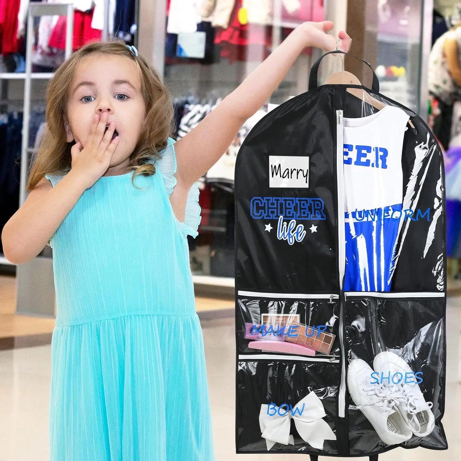 Cheer Garment Bags for Cheerleading Uniform Waterproof Hanging Garment Bags for Dance Costumes 40 Inch Clothes Bag with 5 Pockets and Side Zip Travel Storage Cheer Uniform(Black,Blue)