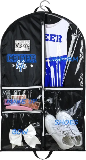Cheer Garment Bags for Cheerleading Uniform Waterproof Hanging Garment Bags for Dance Costumes 40 Inch Clothes Bag with 5 Pockets and Side Zip Travel Storage Cheer Uniform(Black,Blue)