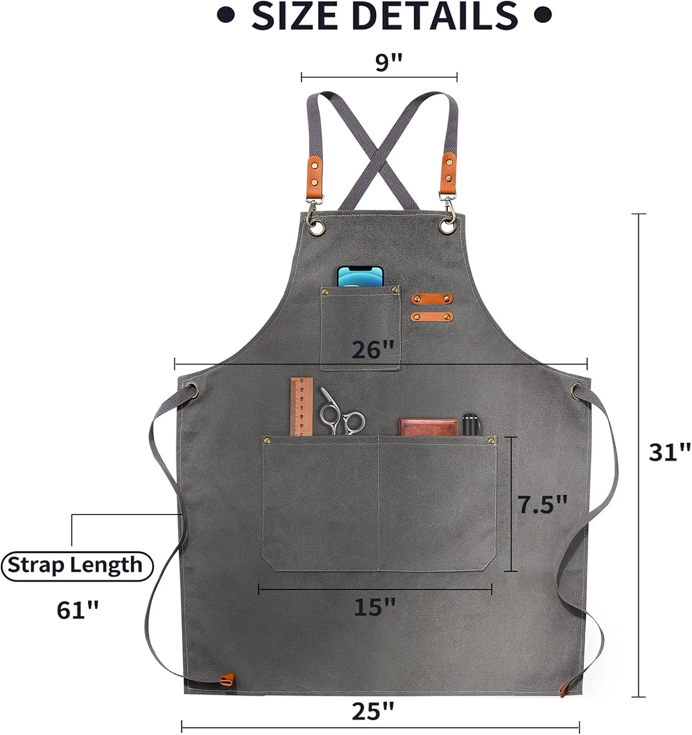 Chef Apron, Apron for Men Women with Adjustable Straps Cotton Canvas Cross Back Adjustable Apron with Pockets for Women and Men(Grey)