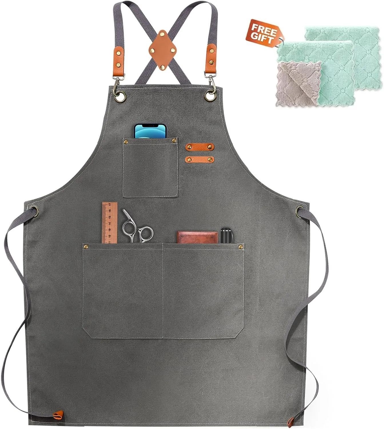 Chef Apron, Apron for Men Women with Adjustable Straps Cotton Canvas Cross Back Adjustable Apron with Pockets for Women and Men(Grey)