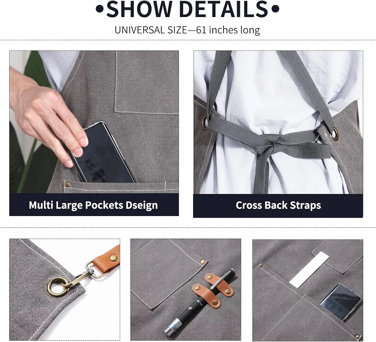 Chef Apron, Apron for Men Women with Adjustable Straps Cotton Canvas Cross Back Adjustable Apron with Pockets for Women and Men(Grey)