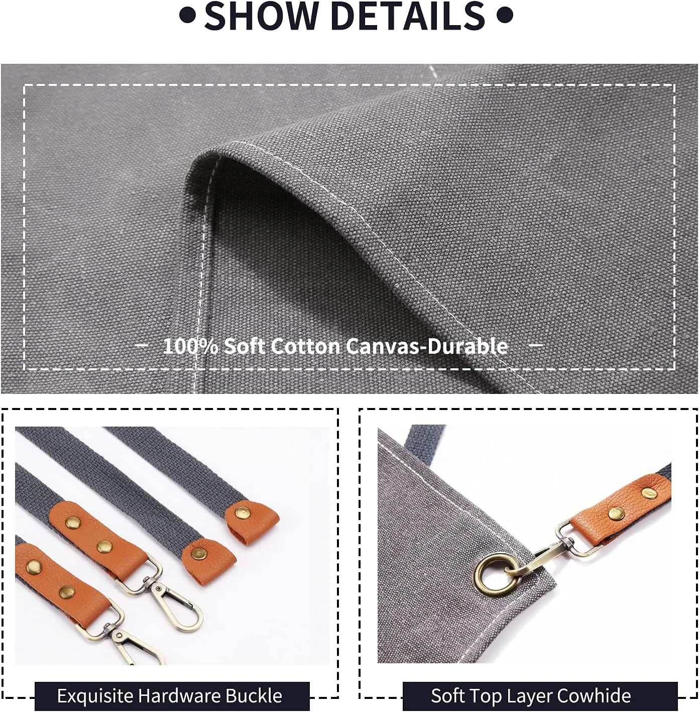 Chef Apron, Apron for Men Women with Adjustable Straps Cotton Canvas Cross Back Adjustable Apron with Pockets for Women and Men(Grey)