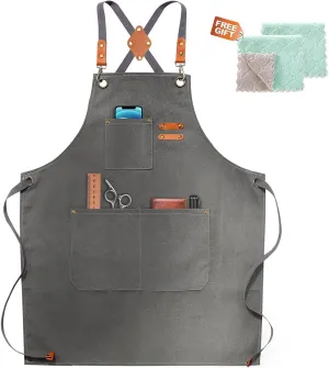 Chef Apron, Apron for Men Women with Adjustable Straps Cotton Canvas Cross Back Adjustable Apron with Pockets for Women and Men(Grey)