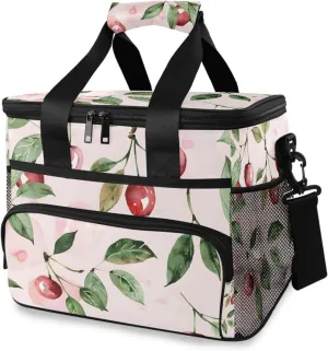 Cherries Green Leaves Pink Cooler Bag Insulated Cooler Soft Sided Cooler 24 Can Portable Picnic Bag Large Leakproof Lunch Bag Box for Beach Grocery Camping Travel Car Men Women