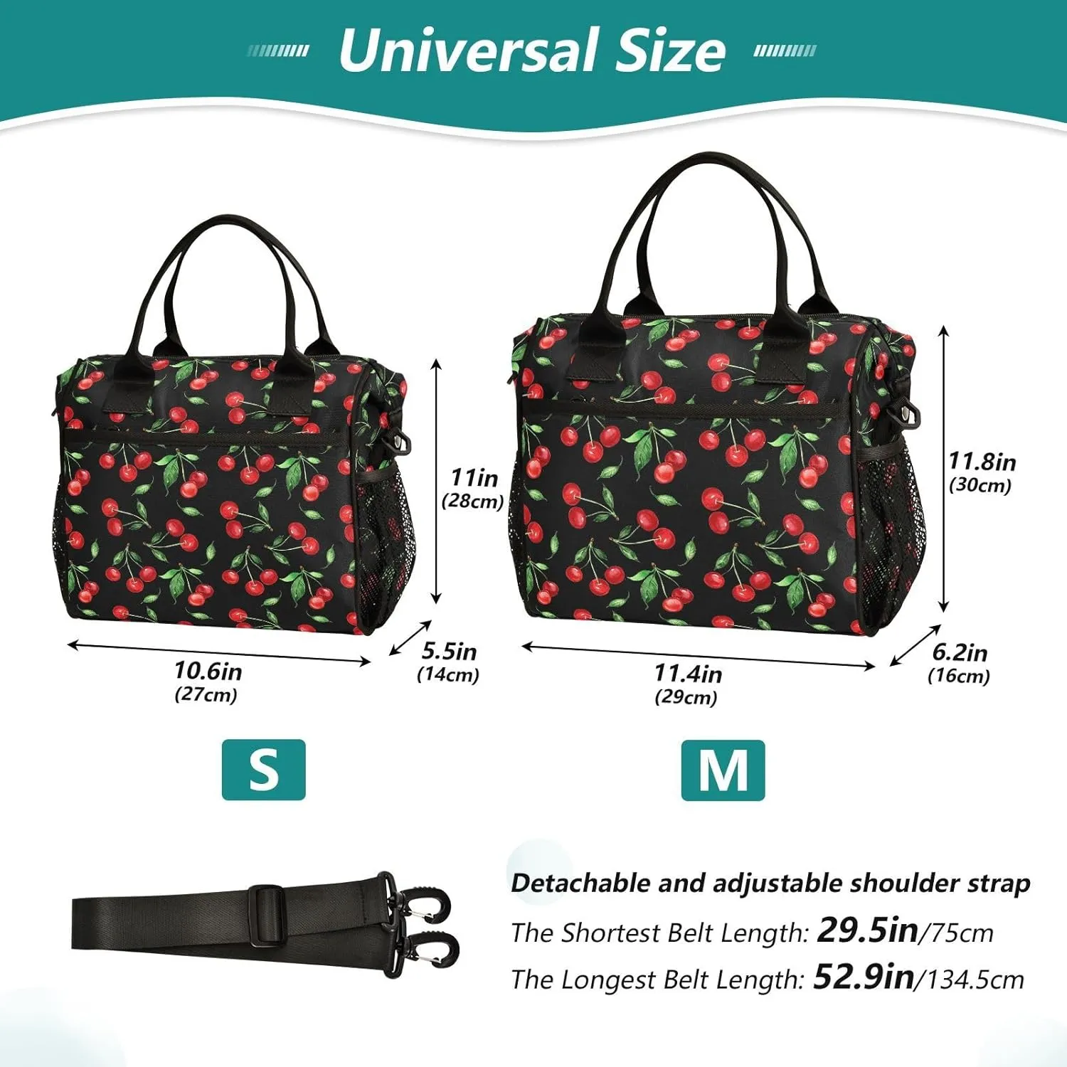 Cherry Pattern Lunch Bag Reusable Lunch Box for Office Picnic Hiking Beach, Insulated Cooler Tote Food Container with Adjustable Shoulder Strap for Men Women Adults