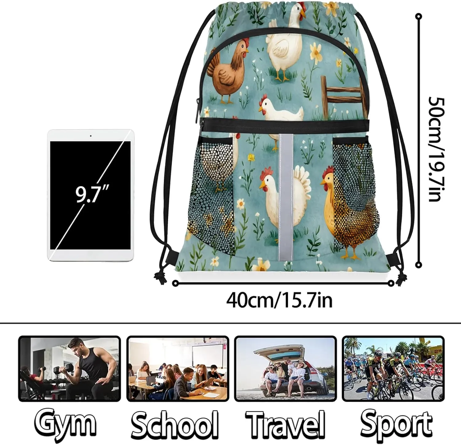 Chicken Drawstring Backpack Waterproof Animal Small String Bags Sackpack for Sports, Gym, Travel, Swimming, Beach