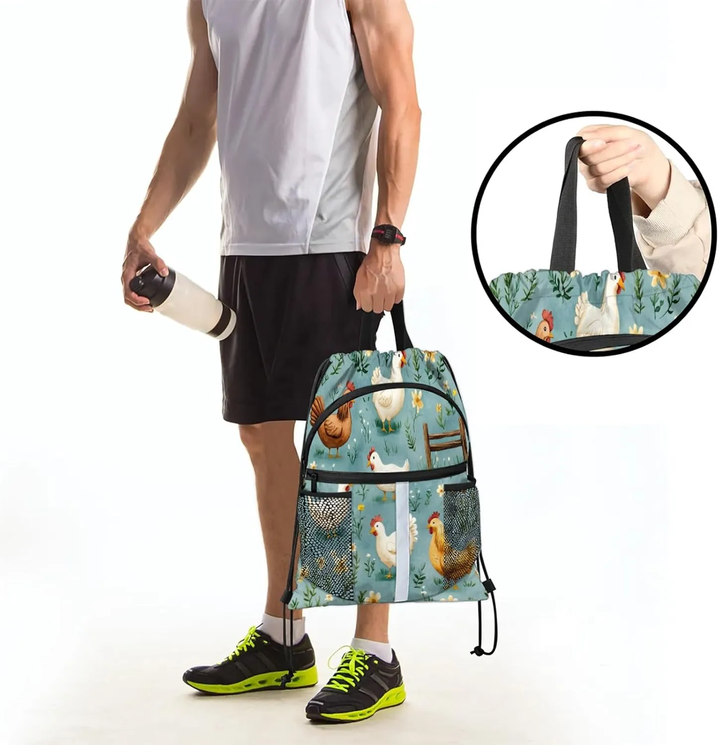 Chicken Drawstring Backpack Waterproof Animal Small String Bags Sackpack for Sports, Gym, Travel, Swimming, Beach