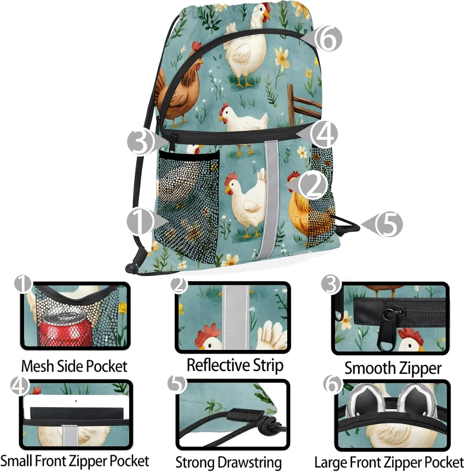 Chicken Drawstring Backpack Waterproof Animal Small String Bags Sackpack for Sports, Gym, Travel, Swimming, Beach