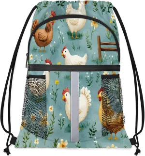 Chicken Drawstring Backpack Waterproof Animal Small String Bags Sackpack for Sports, Gym, Travel, Swimming, Beach