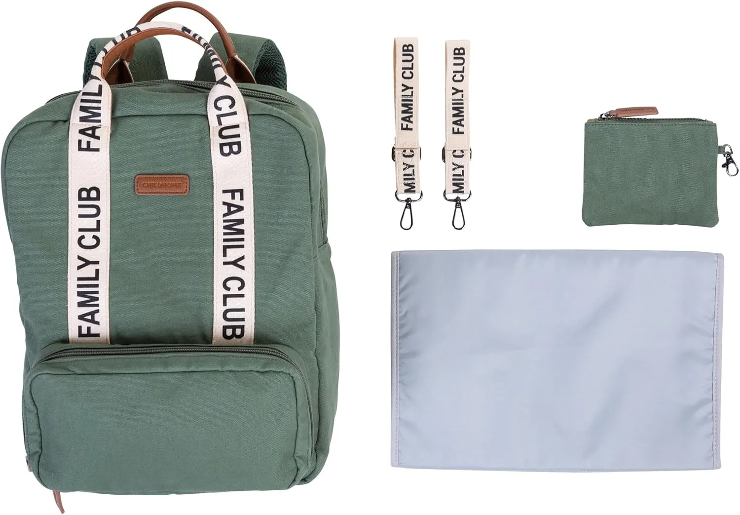 Childhome Family Club Signature Backpack, Water-Repellant Family Travel Backpack, Includes Changing Pad, Stroller Hooks and Trolley Belts, Green