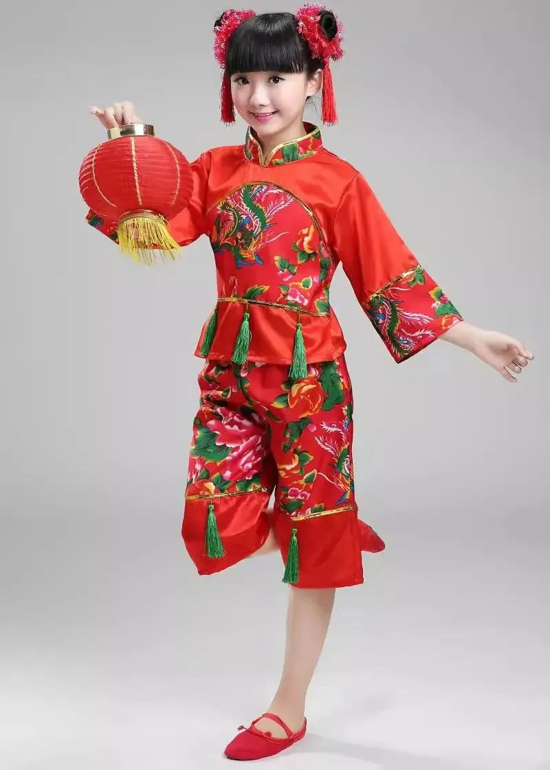 Children's New Year Red Hanfu Costume Traditional Style Yangko Dance Outfit