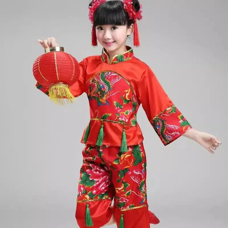 Children's New Year Red Hanfu Costume Traditional Style Yangko Dance Outfit