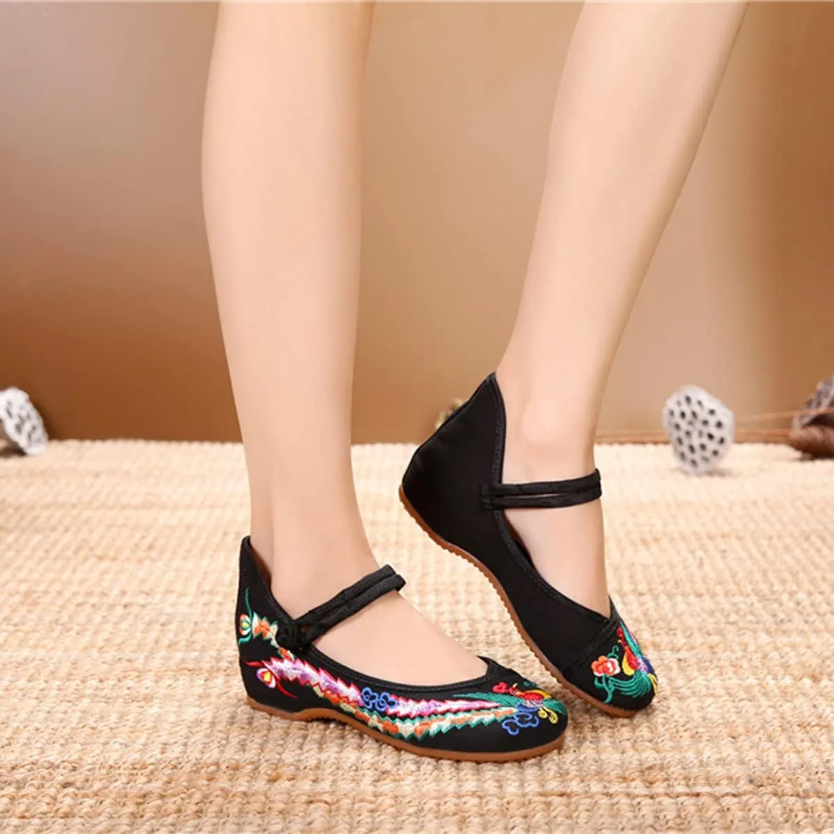 Chinese Embroidered Flats Women's Black Red Asian Traditional Mary Jane Ballet Yoga Shoes Rubber Sole