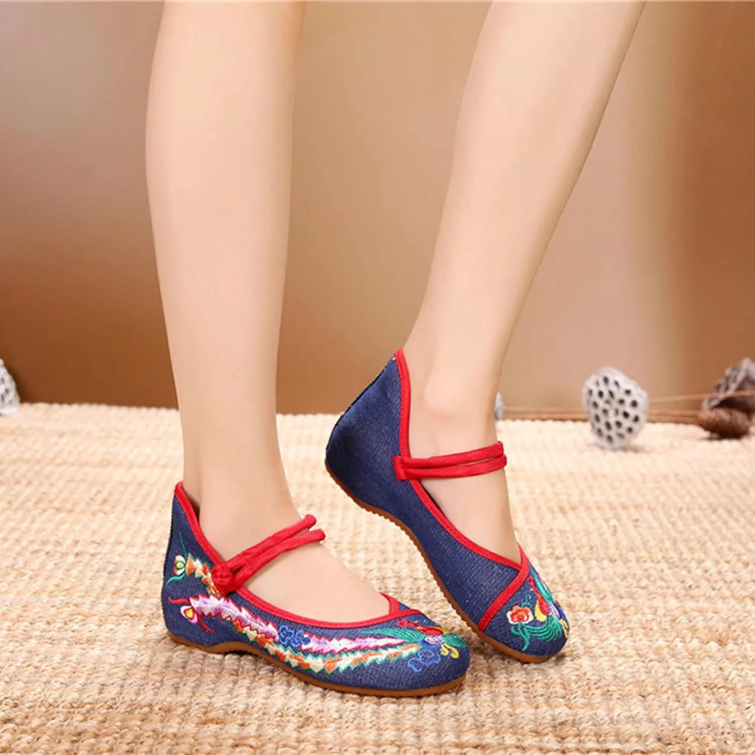 Chinese Embroidered Flats Women's Black Red Asian Traditional Mary Jane Ballet Yoga Shoes Rubber Sole