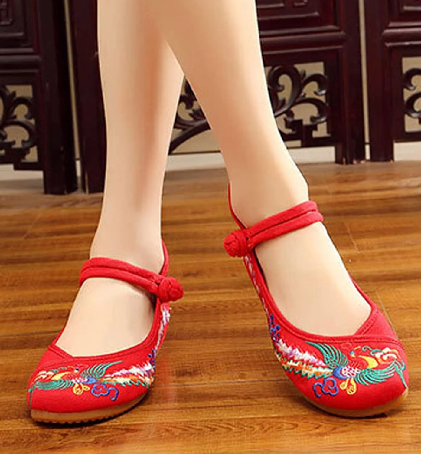 Chinese Embroidered Flats Women's Black Red Asian Traditional Mary Jane Ballet Yoga Shoes Rubber Sole