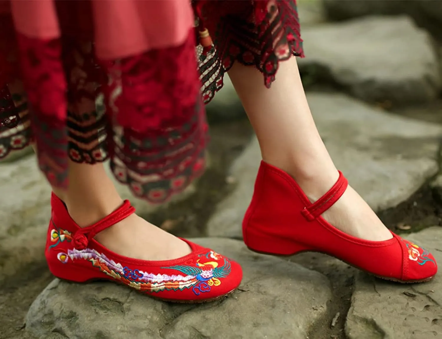 Chinese Embroidered Flats Women's Black Red Asian Traditional Mary Jane Ballet Yoga Shoes Rubber Sole