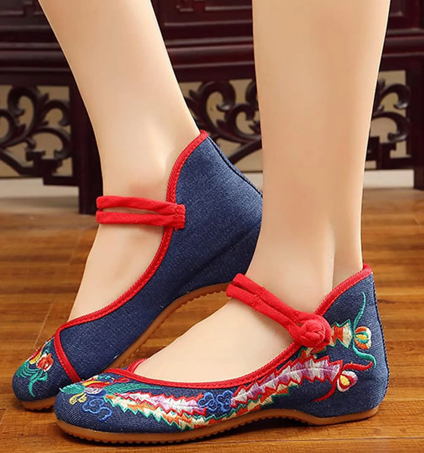Chinese Embroidered Flats Women's Black Red Asian Traditional Mary Jane Ballet Yoga Shoes Rubber Sole
