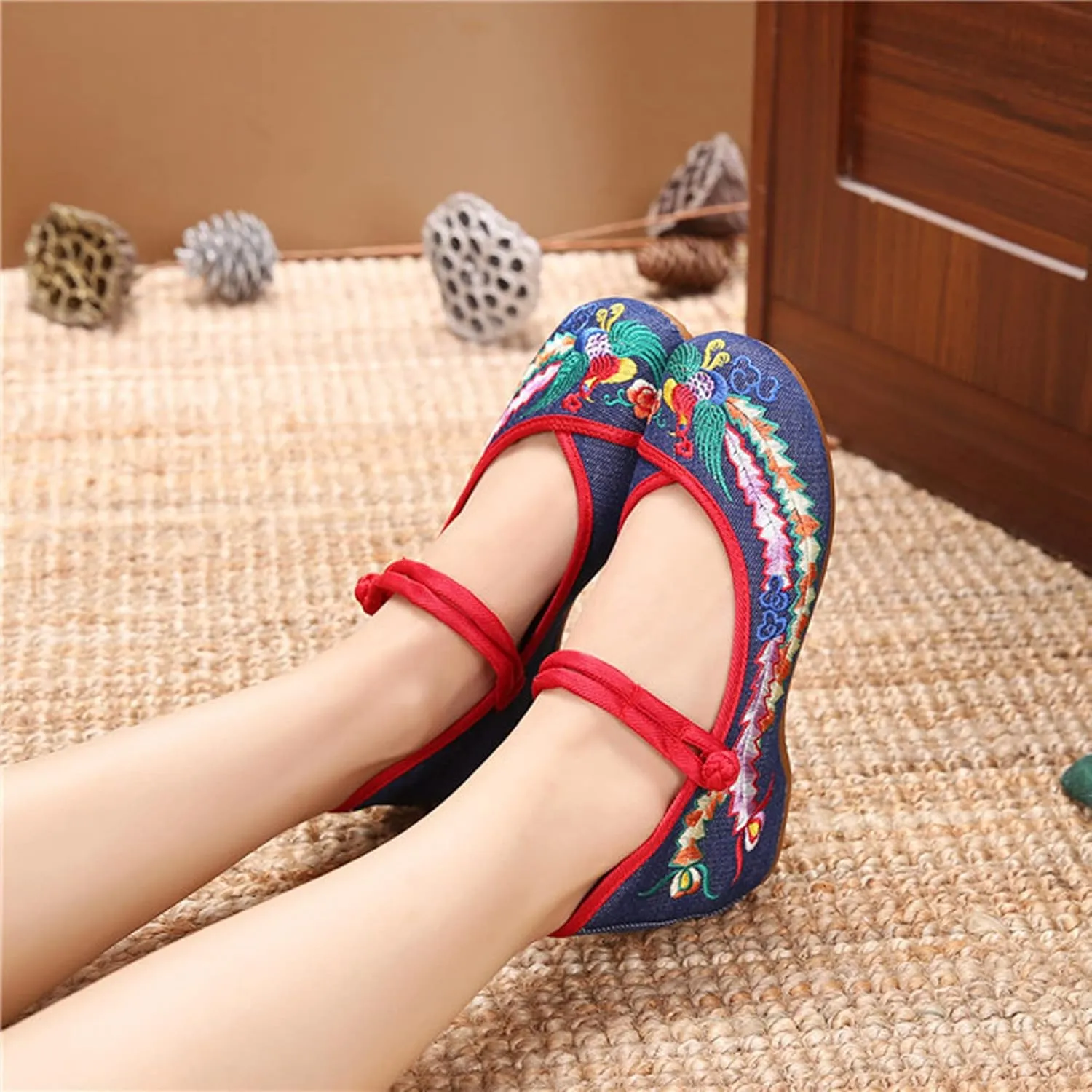 Chinese Embroidered Flats Women's Black Red Asian Traditional Mary Jane Ballet Yoga Shoes Rubber Sole