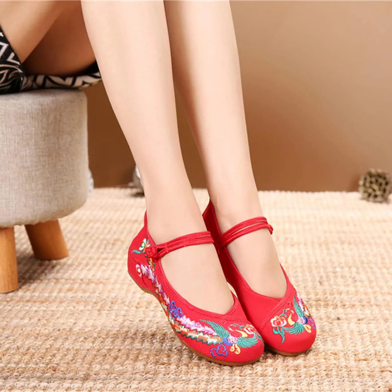 Chinese Embroidered Flats Women's Black Red Asian Traditional Mary Jane Ballet Yoga Shoes Rubber Sole