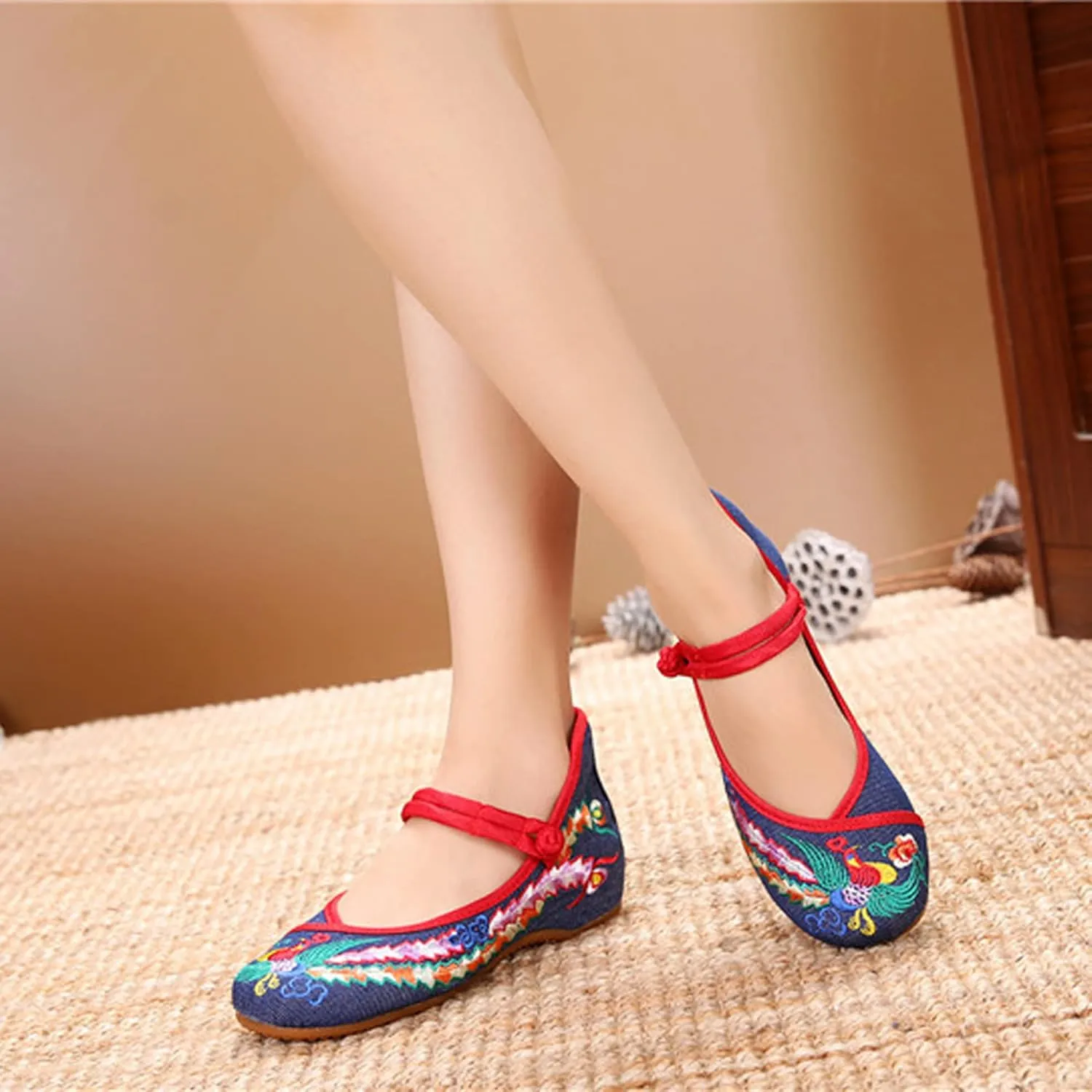 Chinese Embroidered Flats Women's Black Red Asian Traditional Mary Jane Ballet Yoga Shoes Rubber Sole
