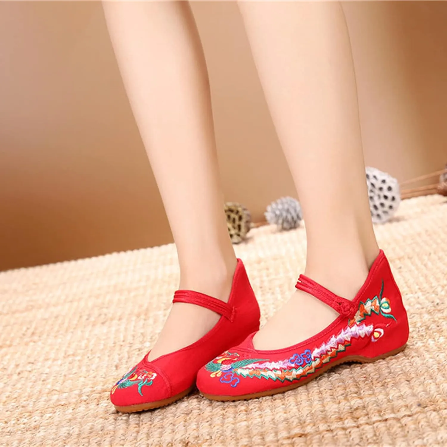 Chinese Embroidered Flats Women's Black Red Asian Traditional Mary Jane Ballet Yoga Shoes Rubber Sole