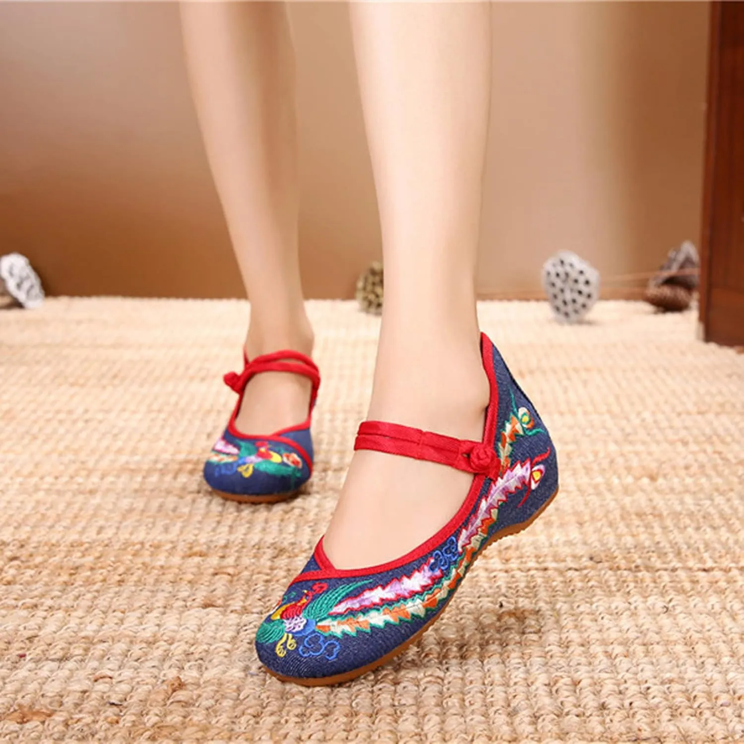 Chinese Embroidered Flats Women's Black Red Asian Traditional Mary Jane Ballet Yoga Shoes Rubber Sole