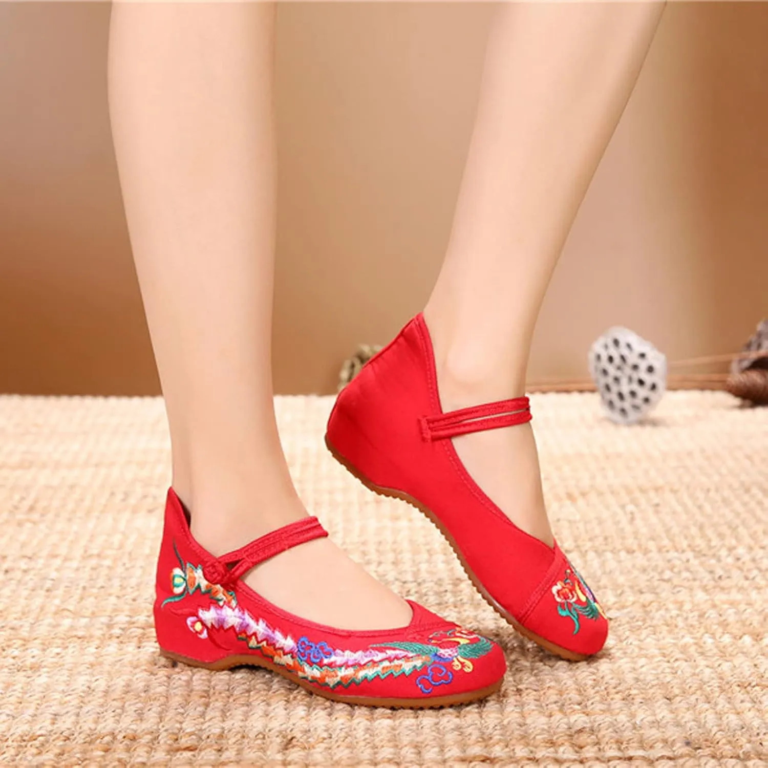 Chinese Embroidered Flats Women's Black Red Asian Traditional Mary Jane Ballet Yoga Shoes Rubber Sole