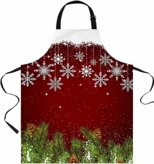 Christmas Snowflakes Waterproof Apron With Pockets, Winter Lantern Balls Pine Branches Kitchen Chefs Bib Cooking BBQ Grill Bake Adjustable Aprons for Women/Kids Home Garden Grooming Painting Gardening