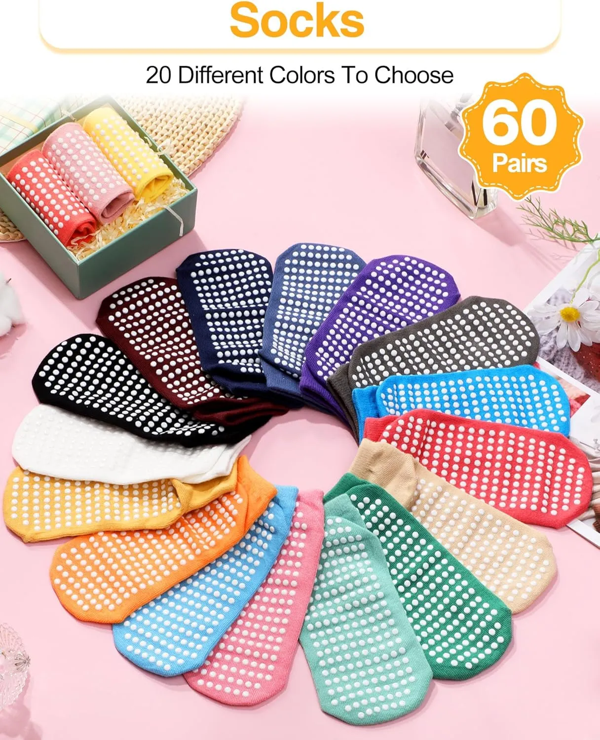 Chuarry 60 Pairs Grip Anti Yoga Socks Non Slip Pilates Socks Bulk Anti Skid Barre Ballet Socks for Women Elderly Hospital