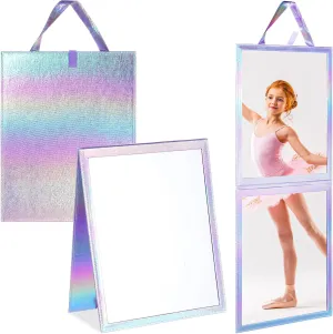 Chunful Foldable Backstage Mirror with Handle Holographic 33.5 X 13.4 Inch Folding Hanging Mirror Rectangular for Travel Dance Bag Home Fitness Spa Gift for Dancers (Purple)