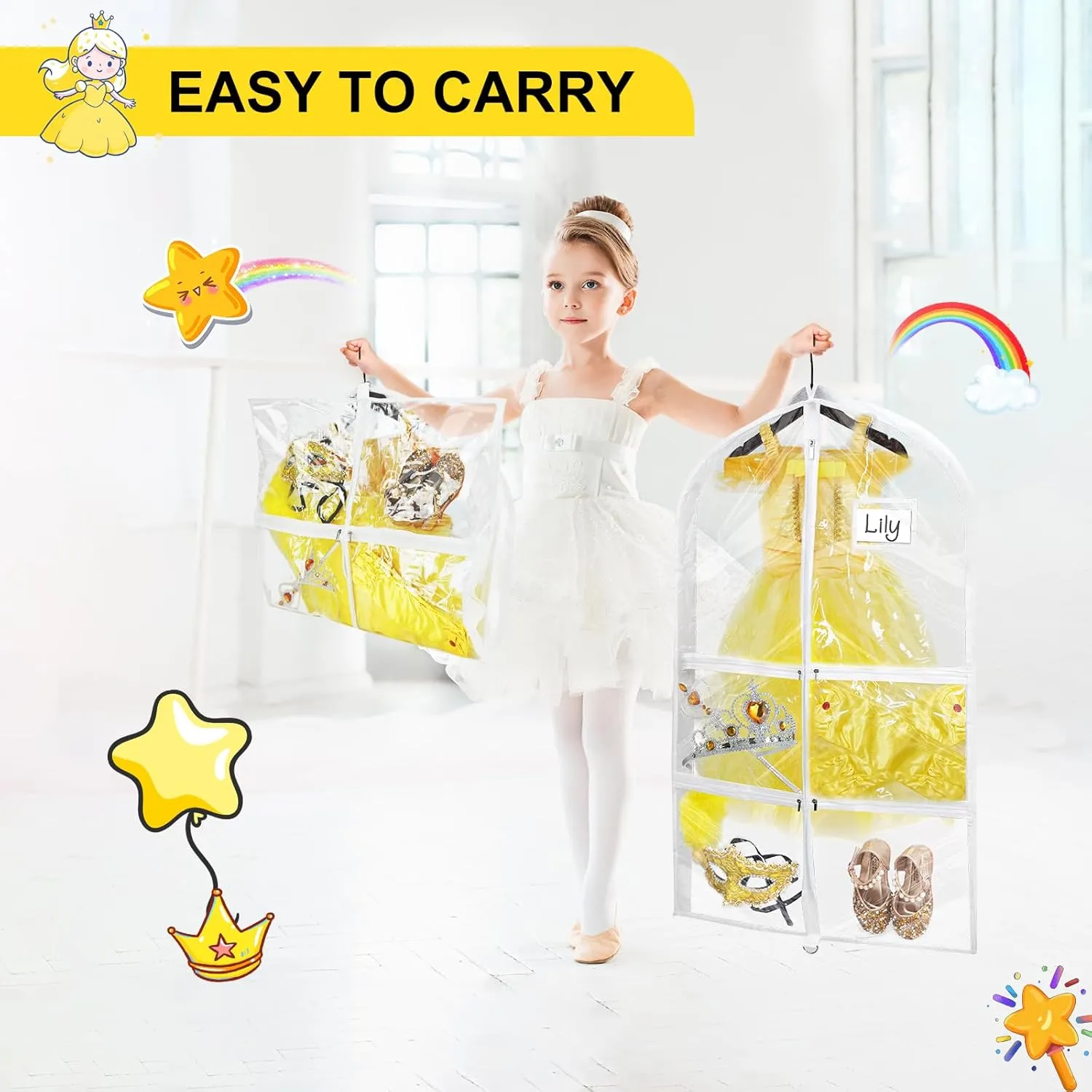 Clear Dance Garment Bags, 40" Dance Costume Bags with 5 Zipper Pockets, Kids Garment Bags for Hanging Clothes for Closet Storage, Dance Competition(6 Pack, White)