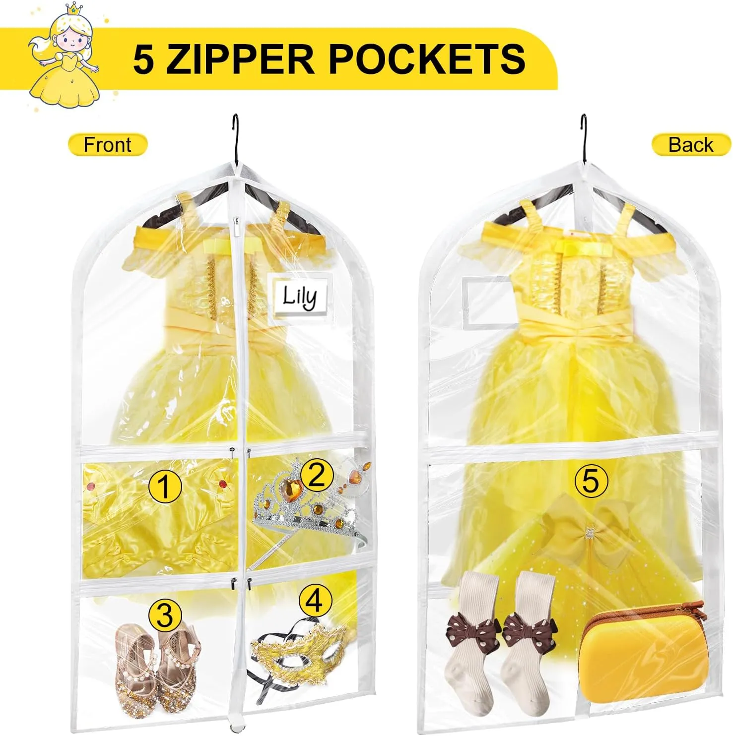 Clear Dance Garment Bags, 40" Dance Costume Bags with 5 Zipper Pockets, Kids Garment Bags for Hanging Clothes for Closet Storage, Dance Competition(6 Pack, White)