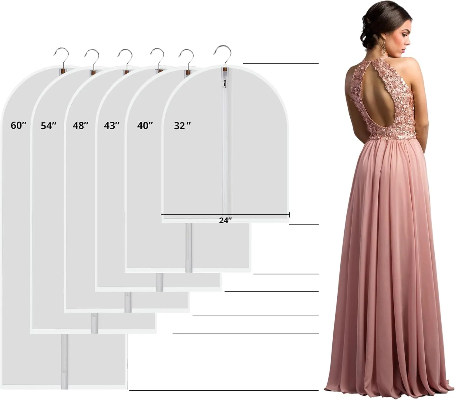 Clear Garment Bags Clothes Covers Protecting Dusts (set Of 12) For Storage Plastic Garment Bags Hanging Clothes Bags with Zipper Gown Garment Bag for Long Dresses - 24'' X 60''/12 Pack